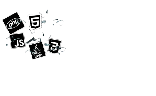 Imagem de estilhaços de vidro com os ícones de HTML5, CSS3 e JavaScript por cima.